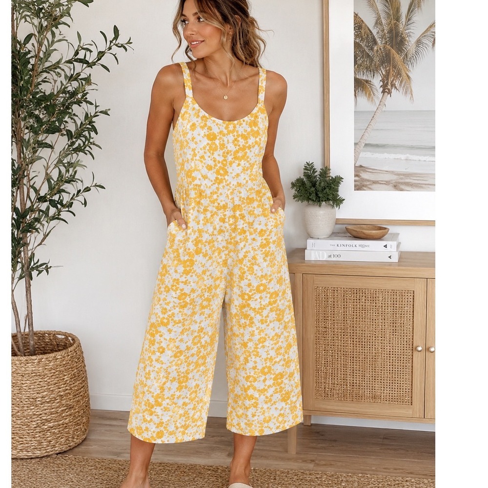 Lush Yellow & White Floral Wide-Leg Jumpsuit